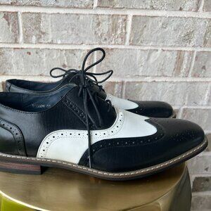 Parrazo Men jDress Shoes Wingtip Oxford Black/White Lace up Faux Leather Size 11